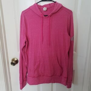 Womens Adidas Pink Hooded Long Sleeve T Shirt Front pocket Adidas logo on sleeve